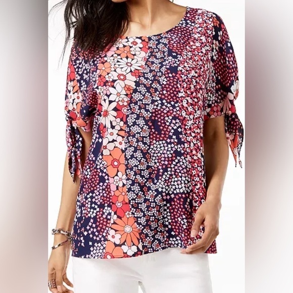 Michael by Michael Kors Floral Printed Split Sleeve Tie Blouse - Picture 1 of 9